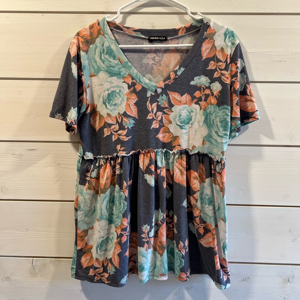Blue and Teal Floral Short Sleeve Top